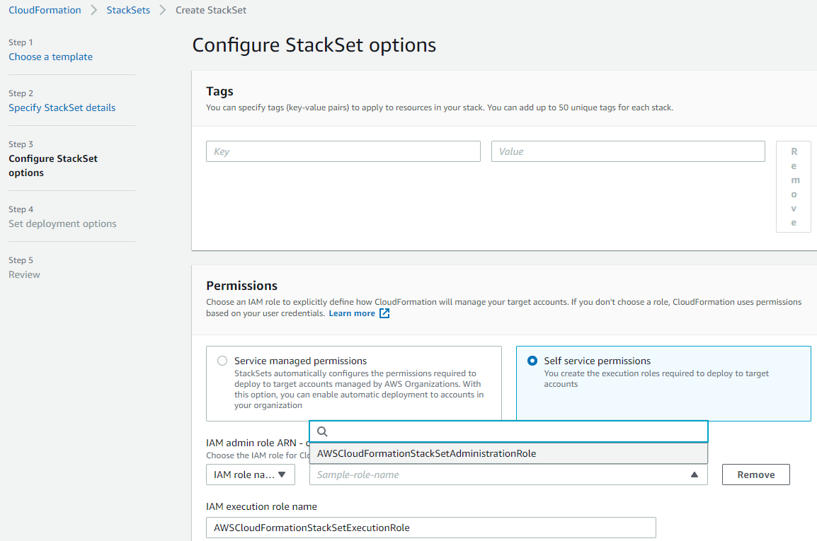 Figure 5: Permission mode to be selected for stack set deployment