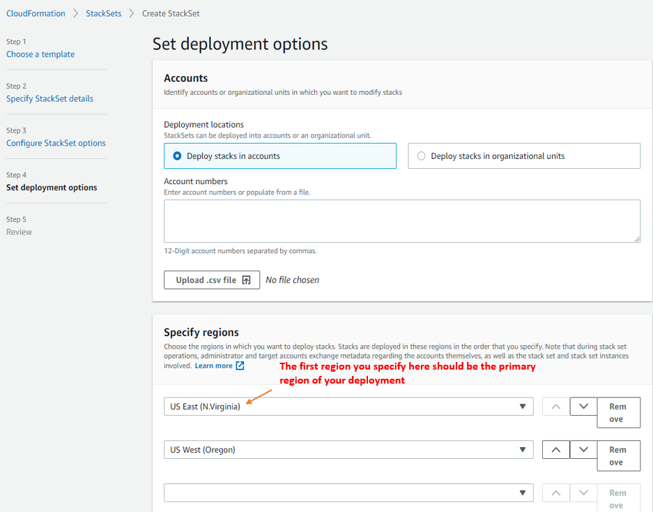 Figure 7: Showing the order of specifying the Regions of stack set deployment