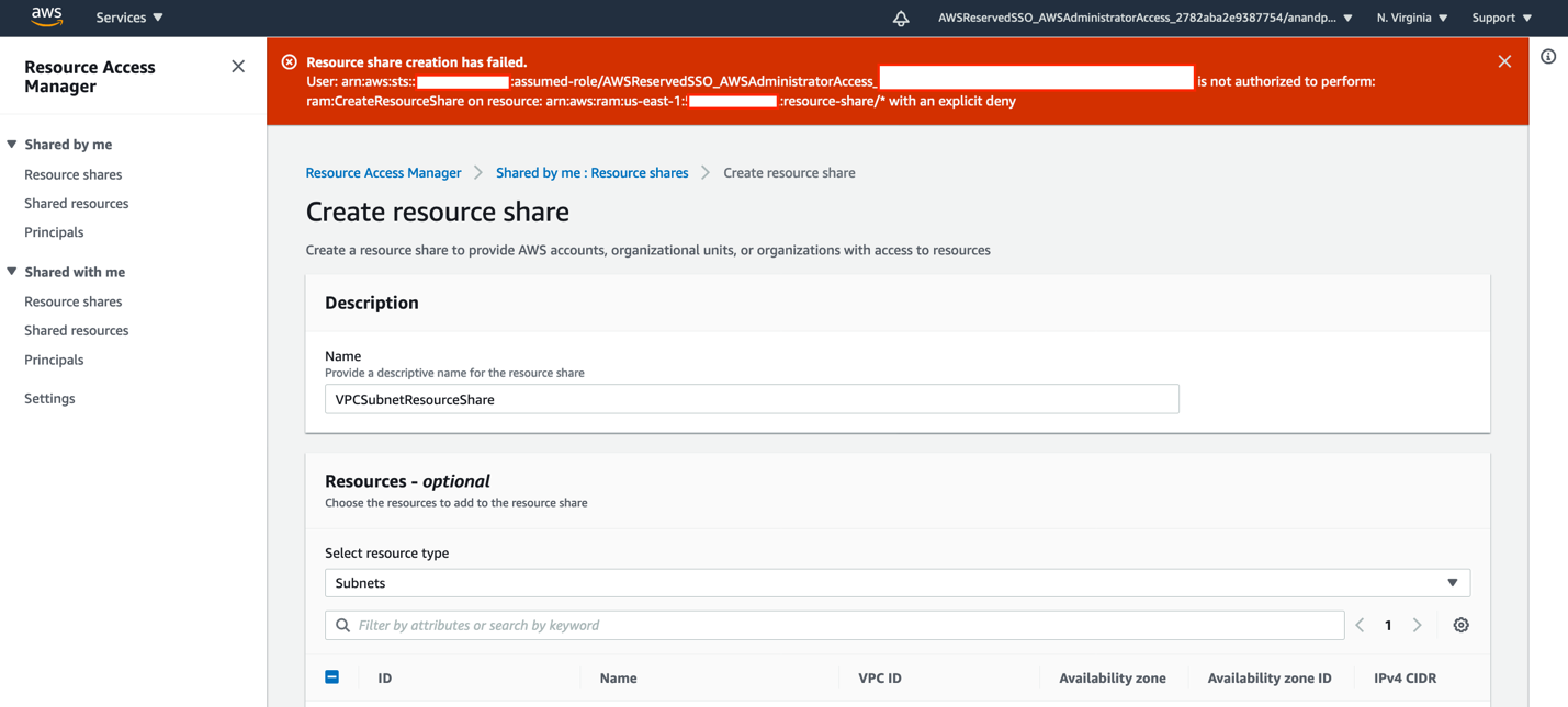 Figure 2: Resource share creation is blocked by the SCP