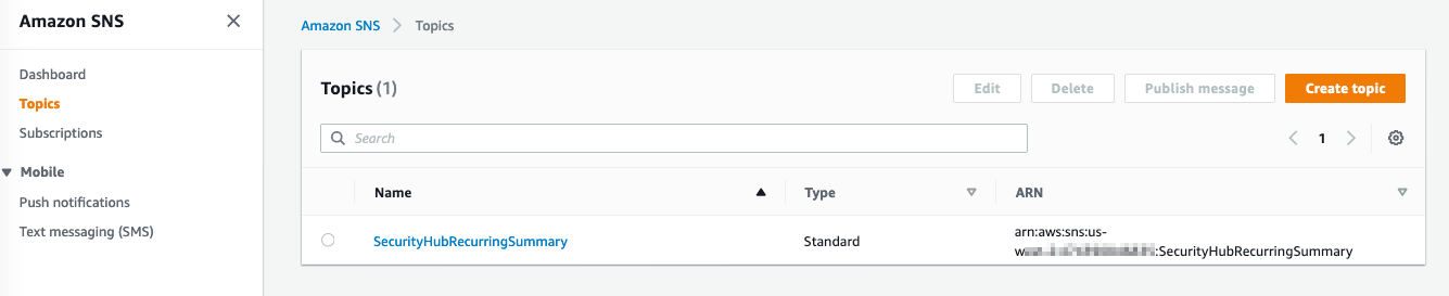 Figure 5: SNS topic created by the solution