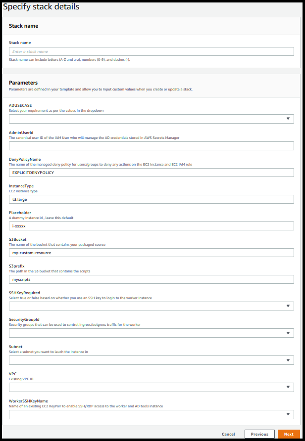 Figure 2: Defining the stack name and input parameters for the CloudFormation stack