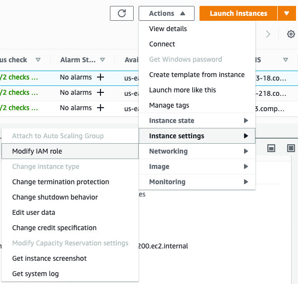 Figure 7: Choose Actions > Instance settings > Modify IAM role
