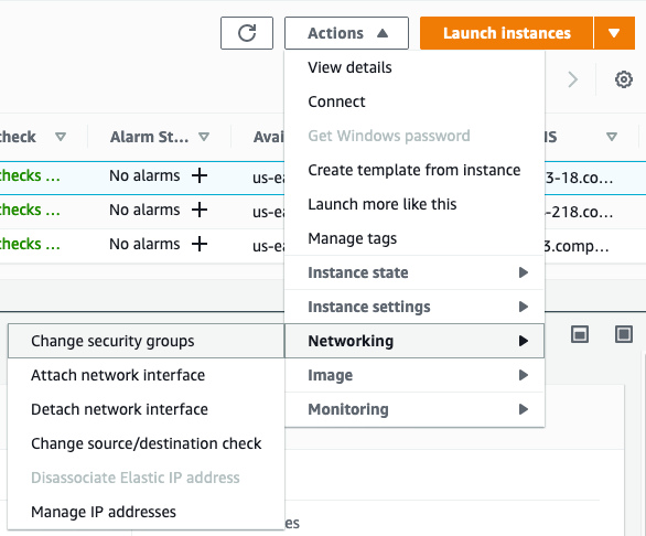 Figure 9: Choose Actions > Networking > Change security groups