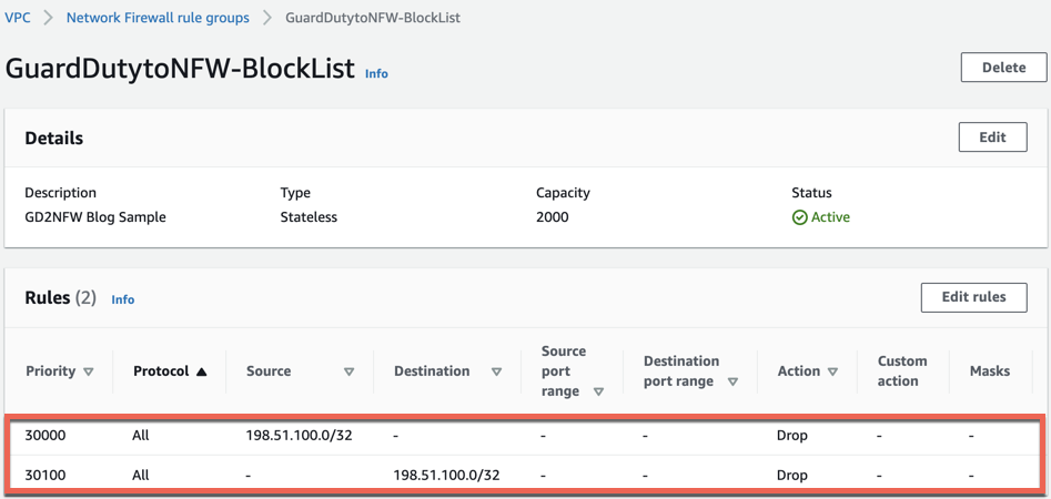 Figure 15: Verifying entries in the Network Firewall rule group