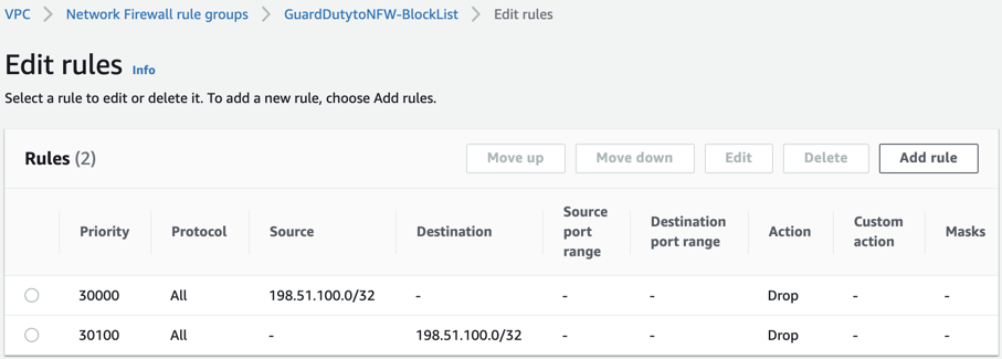 Figure 5: Sample rules in a Network Firewall rule group