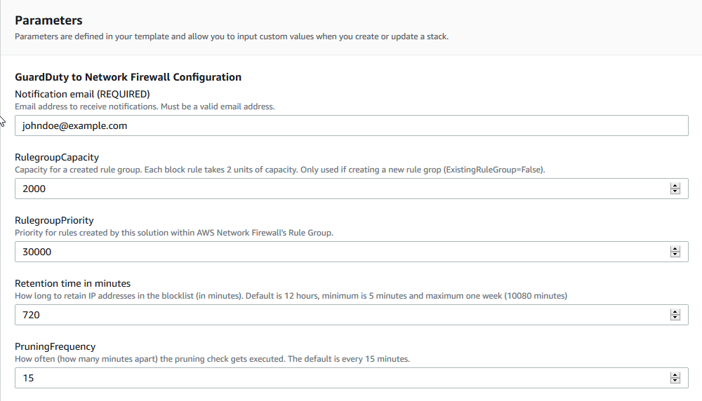 Figure 6: Sample AWS CloudFormation stack parameters