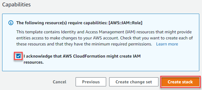 Figure 7: AWS CloudFormation capabilities acknowledgement