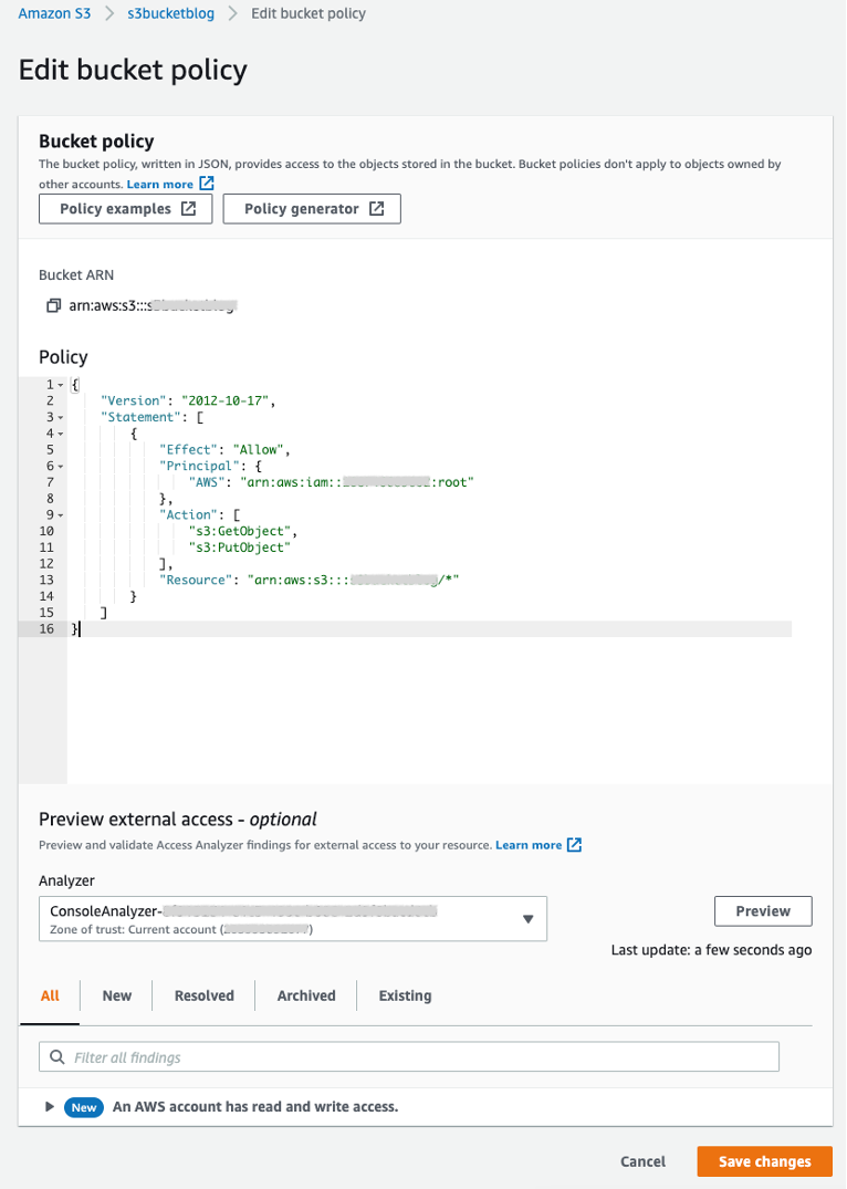 Figure 2: Preview of a finding for new cross-account access to your S3 bucket 