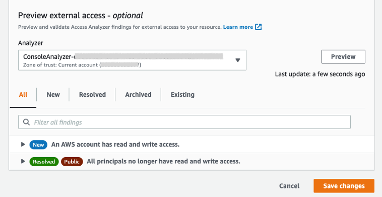 Figure 5: Preview of one resolved (removed) public finding and one new cross-account finding 