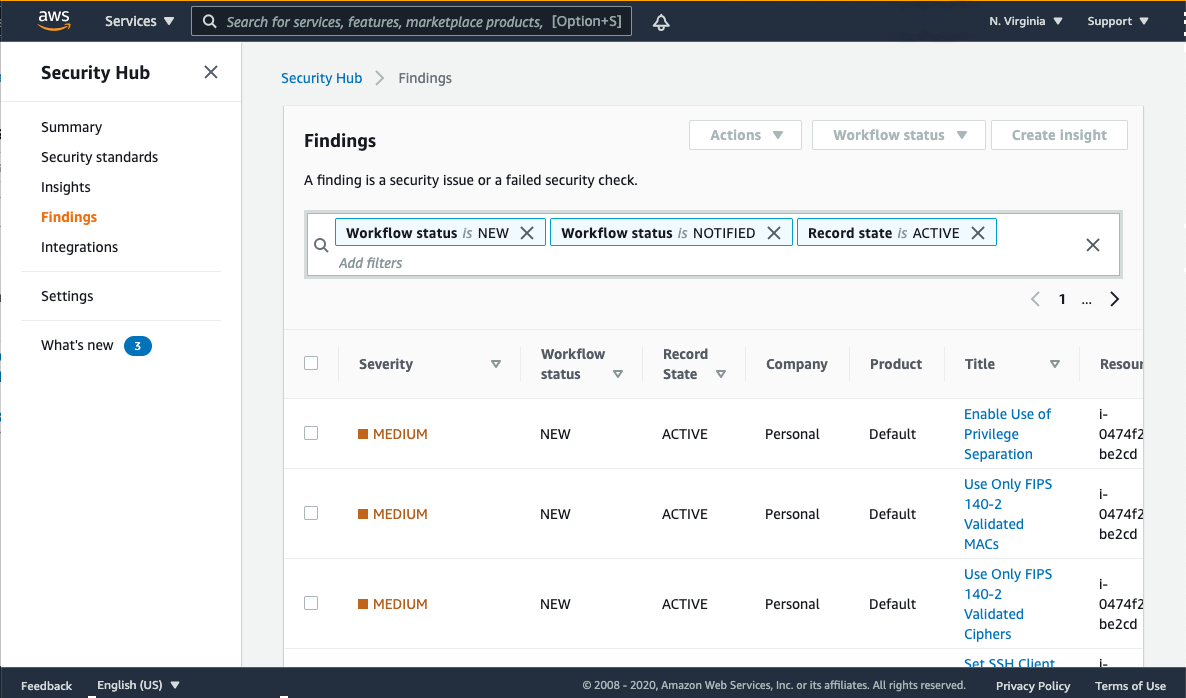 Figure 4: The findings in the Security Hub console