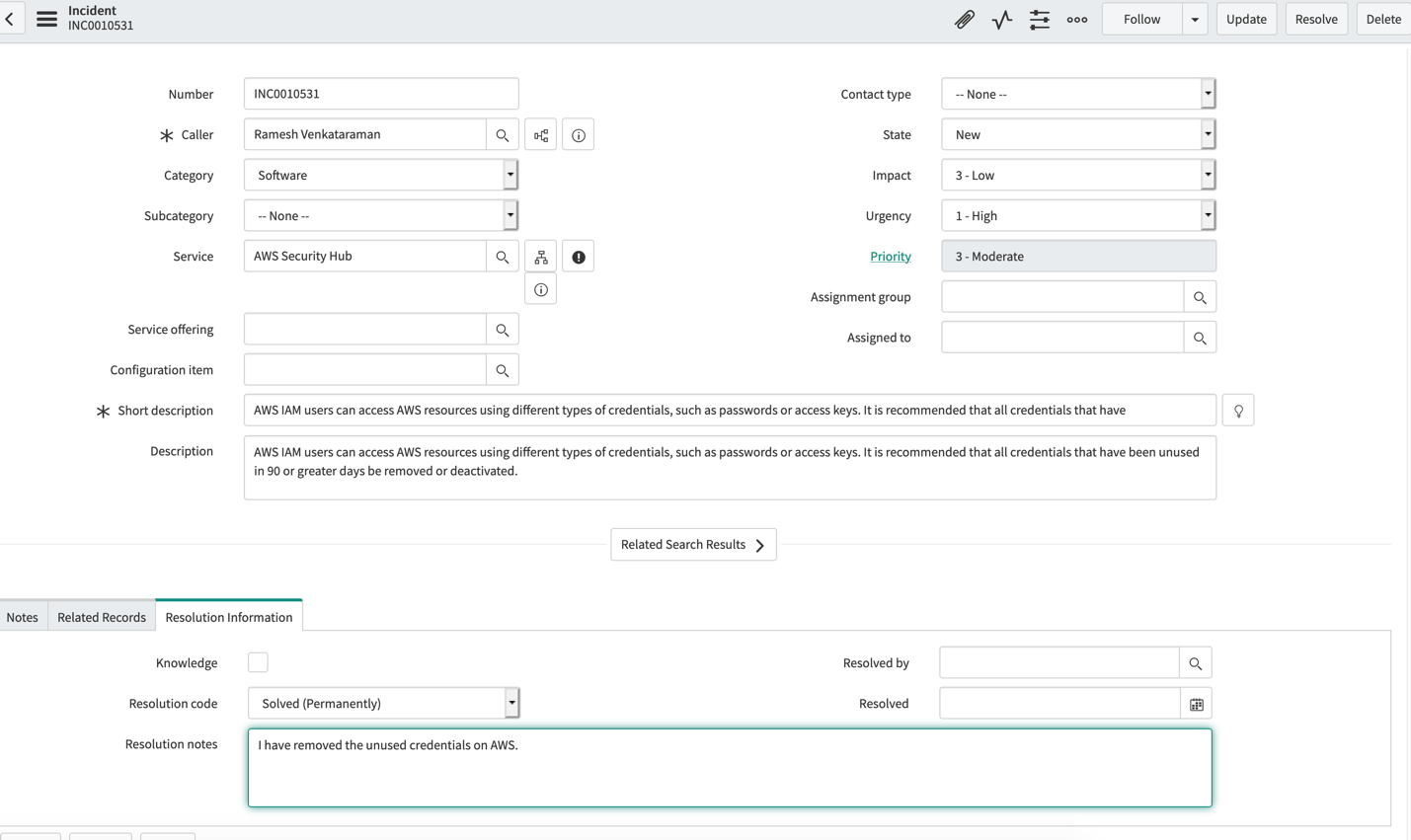 Figure 12: Resolve the incident in ServiceNow