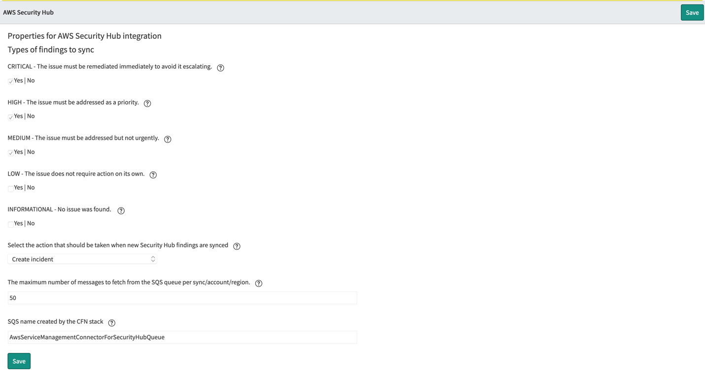 Figure 14: System properties for Security Hub in ServiceNow