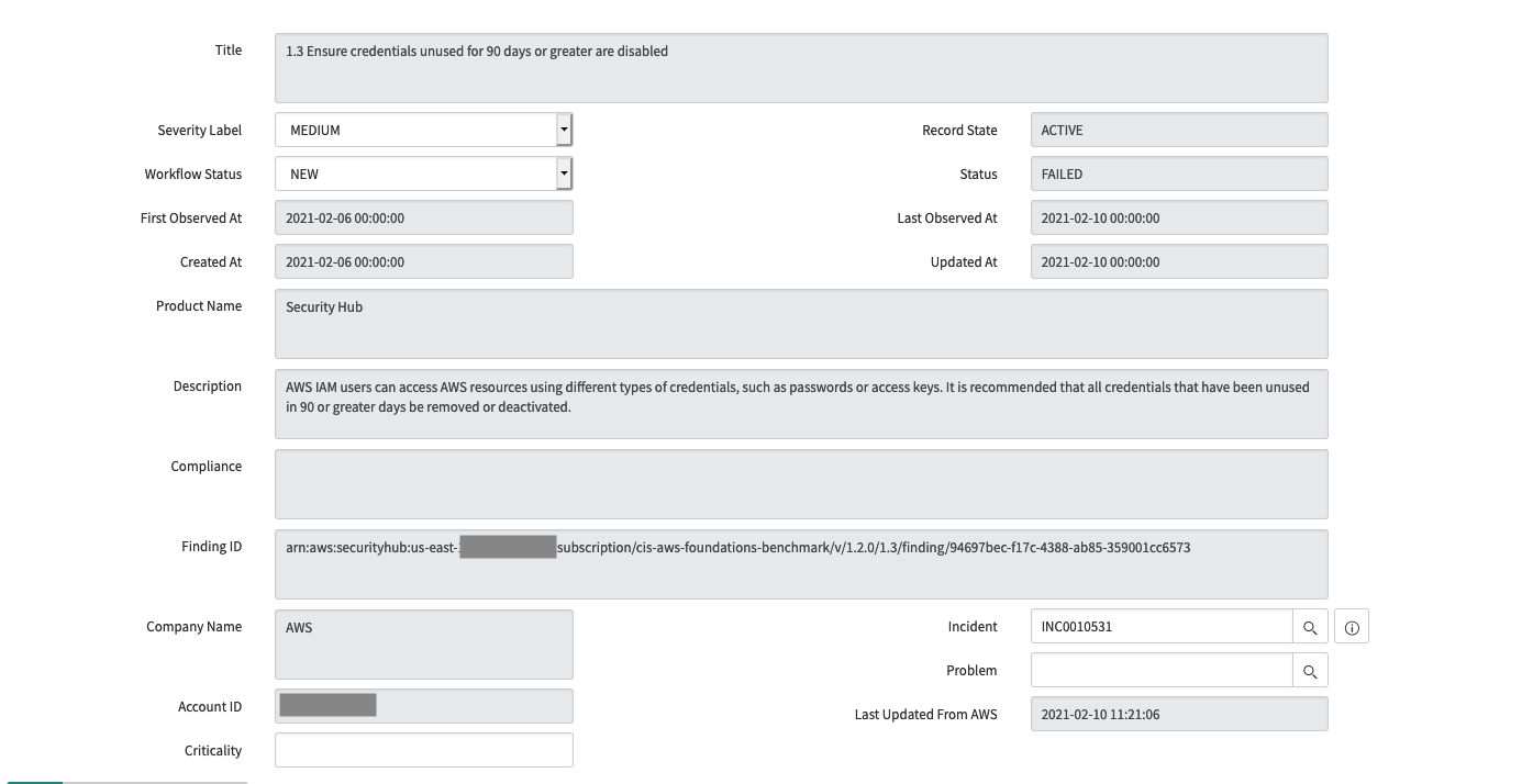 Figure 8: Security Hub finding in ServiceNow
