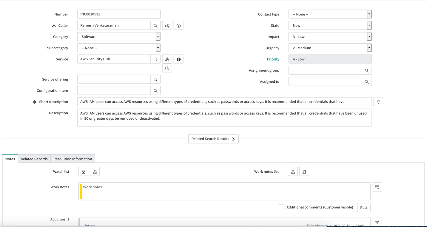 Figure 9: Incident view in ServiceNow
