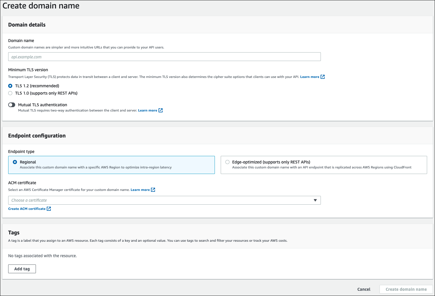 Figure 2: Create domain name pane