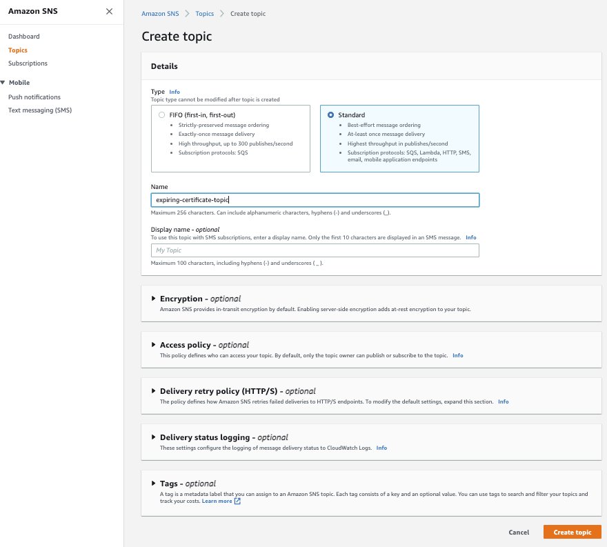 Figure 3: Create an SNS topic