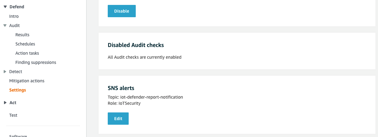 Figure 3: SNS alert settings for AWS IoT Device Defender