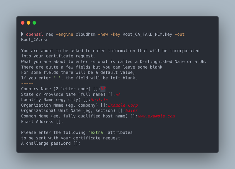  Figure 2: An example certificate signing request for your private key using AWS CloudHSM dynamic engine for OpenSSL