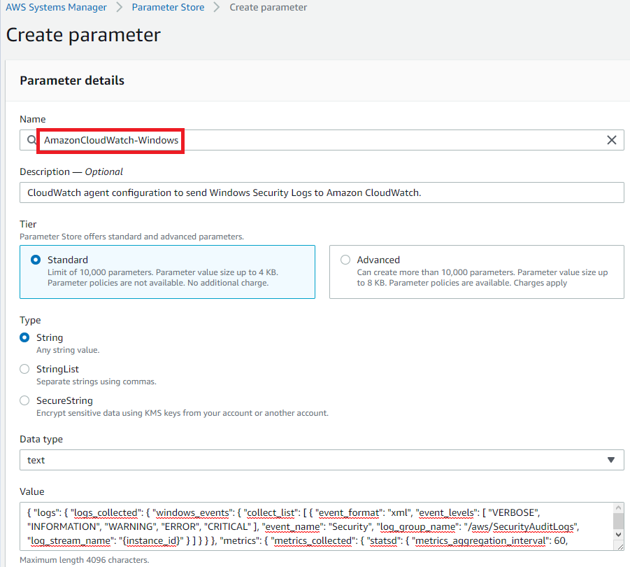 Figure 2: Create the System Manager parameter for the CloudWatch agent