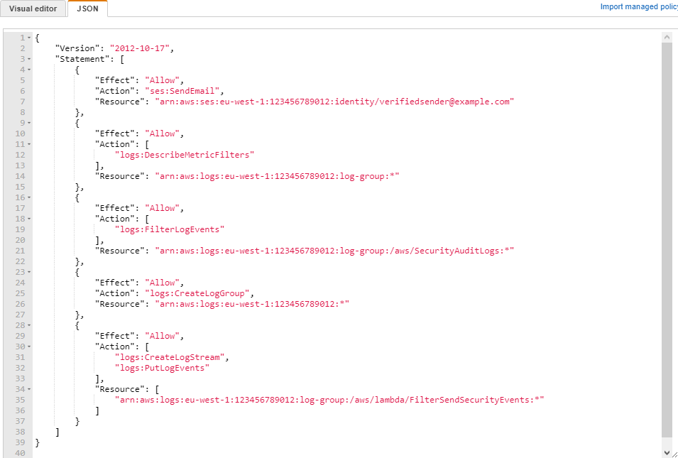 Figure 9: Example policy for the IAM role to be attached to the Lambda function