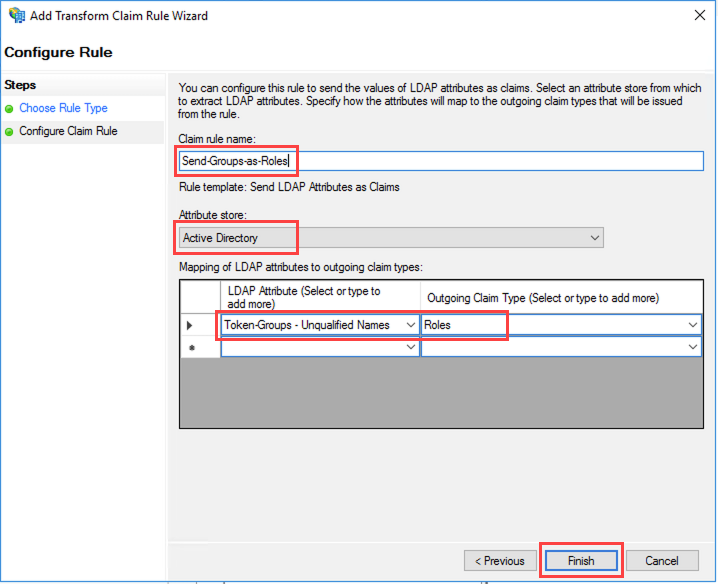 Figure 13: Set claim rule for Active Directory groups as Roles