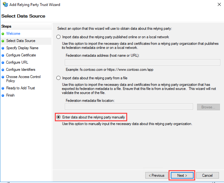Figure 6: Enter data about the relying party manually