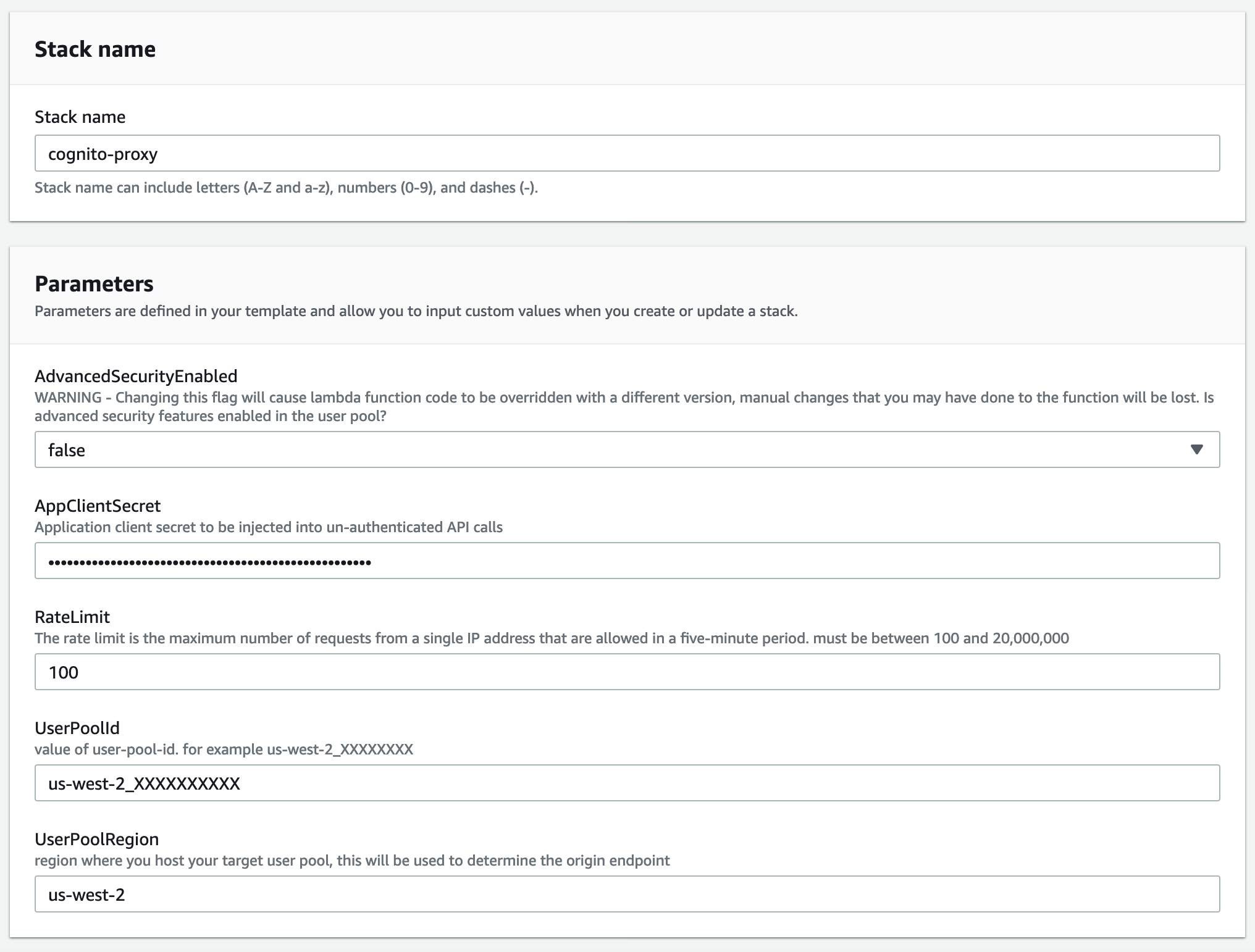Figure 2: CloudFormation stack creation with initial parameters
