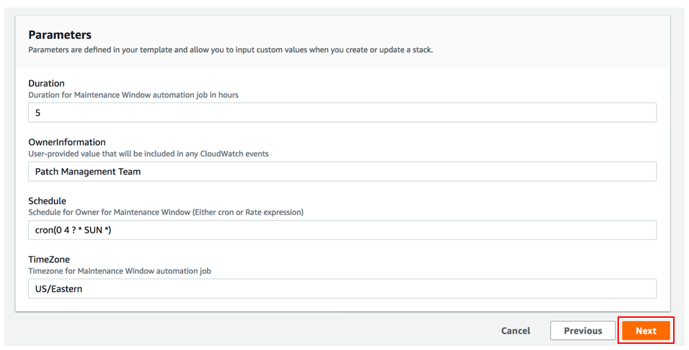 Figure 4: An example of the values entered for the template parameters