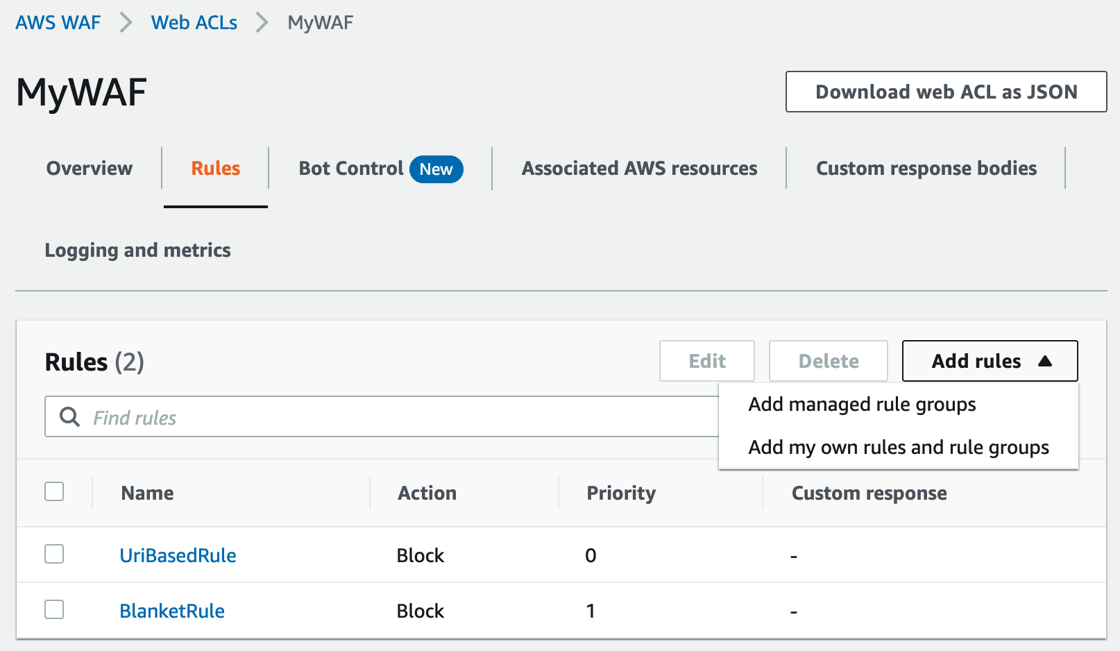Figure 8: The managed rule group view in AWS WAF
