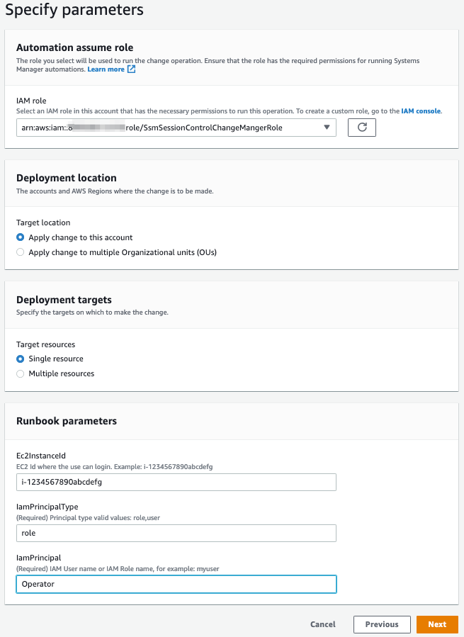 Figure 5: Specify parameters for the change request