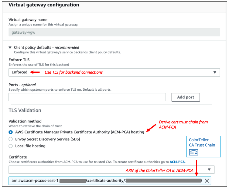 Figure 3: One-way TLS configuration in the client policy of ColorGateway
