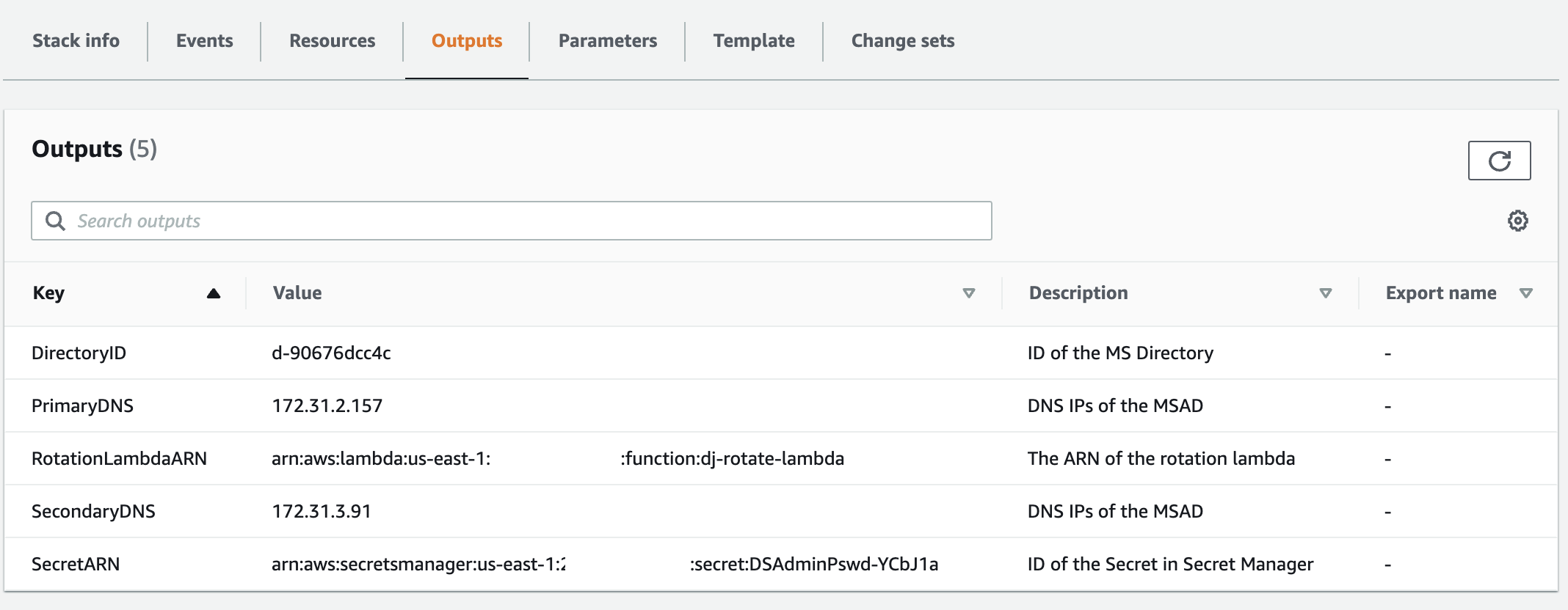 Figure 2: Outputs created by the CloudFormation template