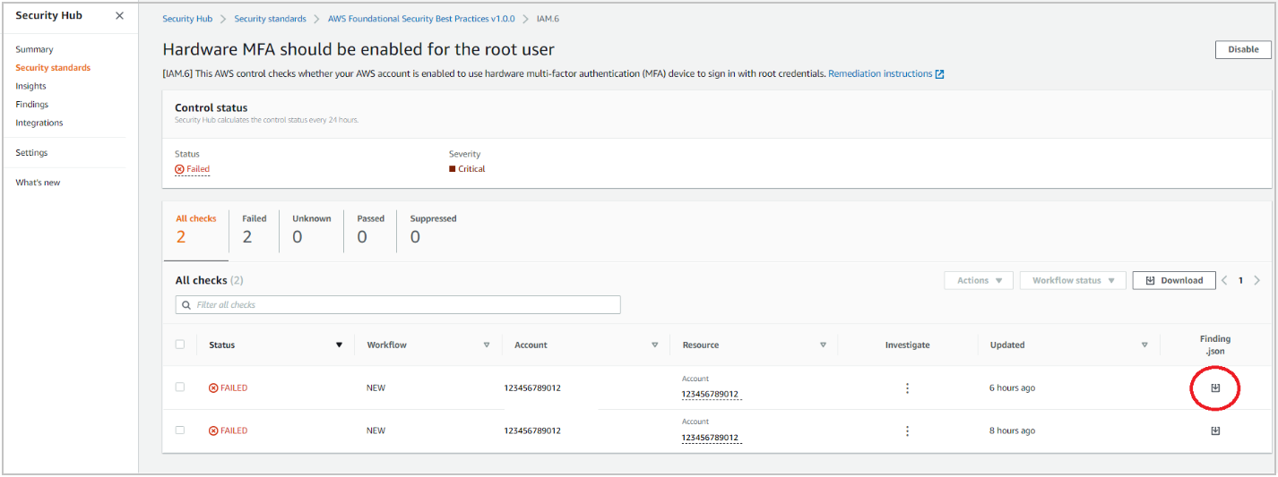 Figure 10: Security Hub console – finding JSON download option