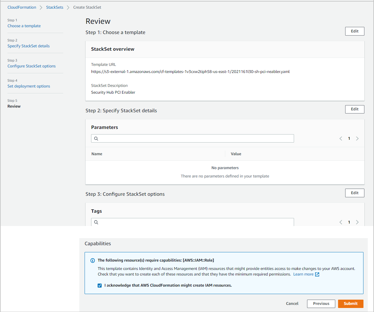 Figure 7: CloudFormation – Review, acknowledge, and submit