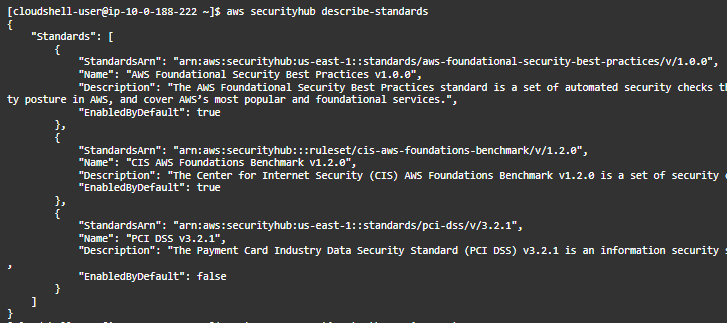 Figure 9: Describe Security Hub standards using CLI