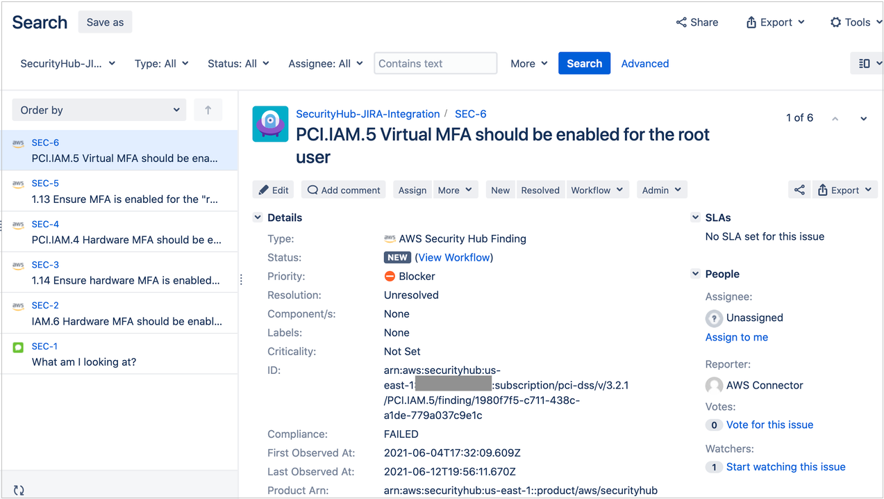Figure 11: A Security Hub finding in the Jira console