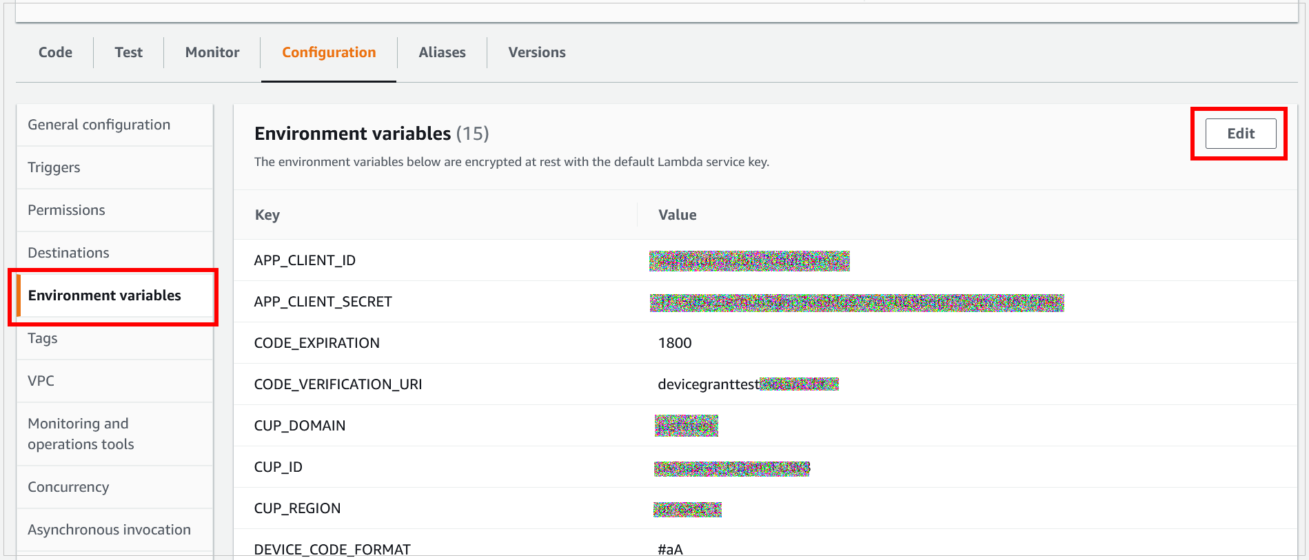 Figure 12: AWS Lambda Function—Environment variables tab