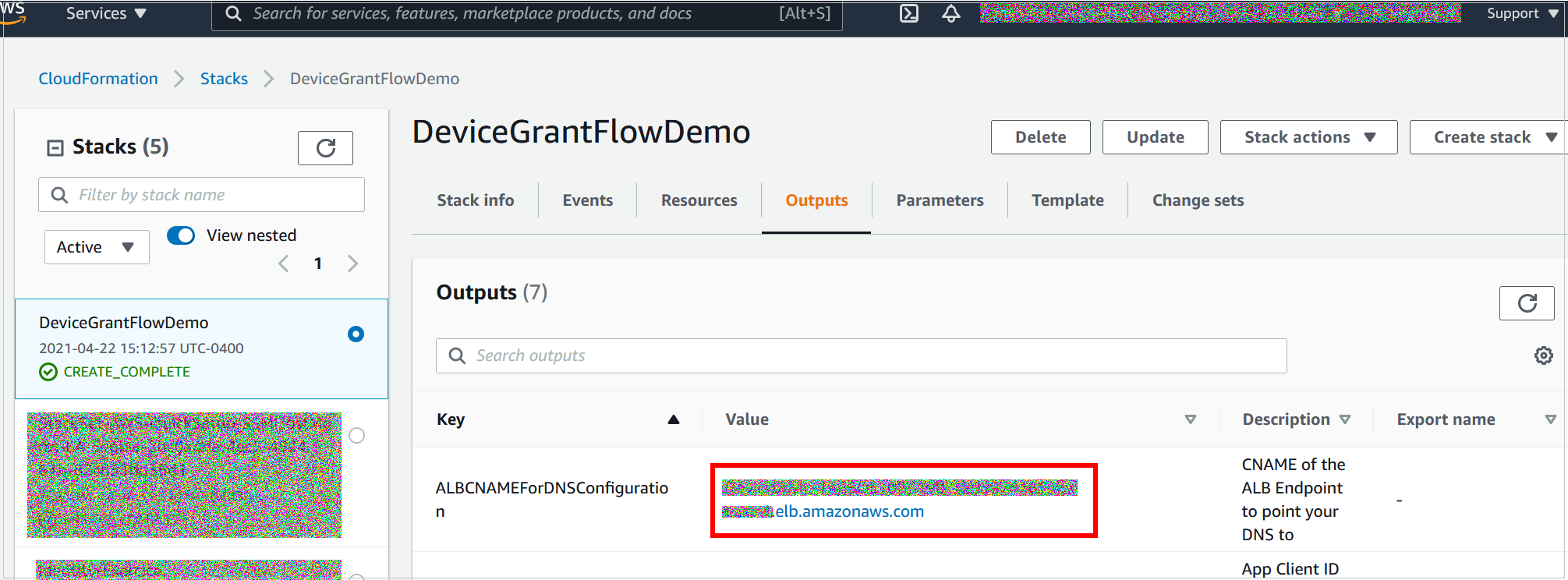 Figure 7: The ALB CNAME output in CloudFormation