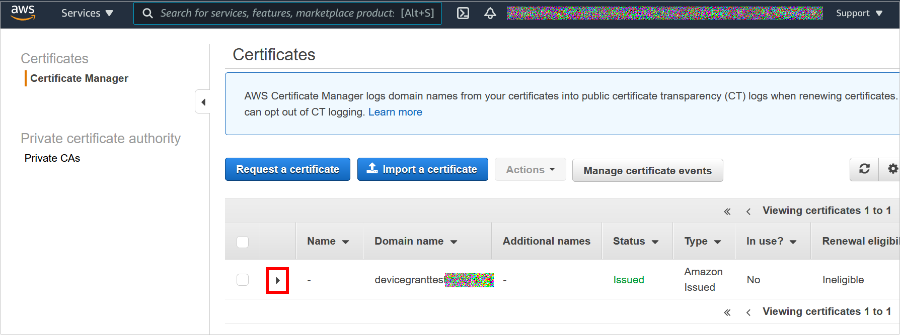 Figure 2: Locating the certificate in ACM