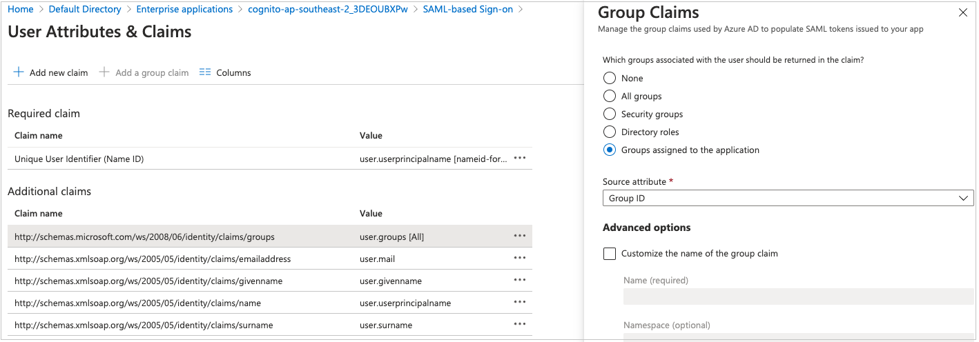 Figure 5: Option to select group claims to release to Amazon Cognito 