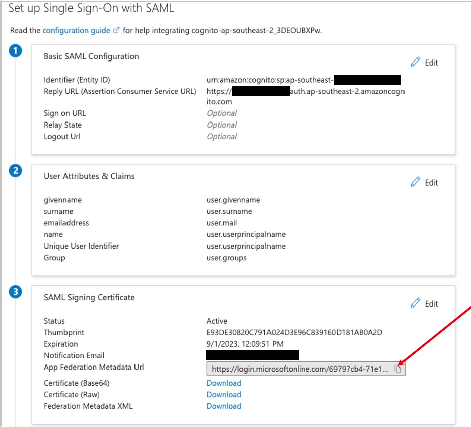 Figure 6: Copy SAML metadata URL from Azure AD