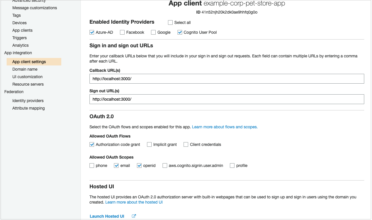 Figure 7: App client settings showing link to access Hosted UI