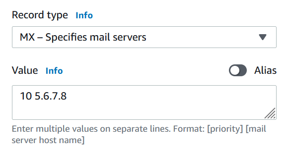 Figure 5. Picture of the Amazon Route 53 console showing that the DMS MX record for the domain needs to be configured with the IP address of the email security gateway