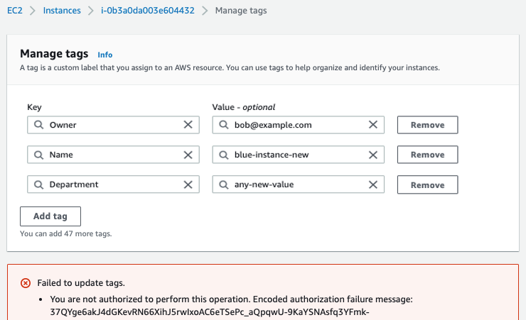 Figure 16: Failed message when attempting to modify tags