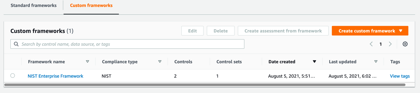 Figure 5. Custom frameworks list