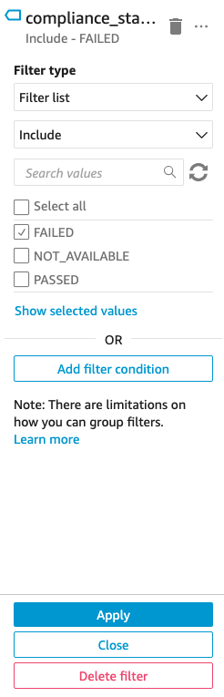 Figure 15. Filtering out findings that are not failing