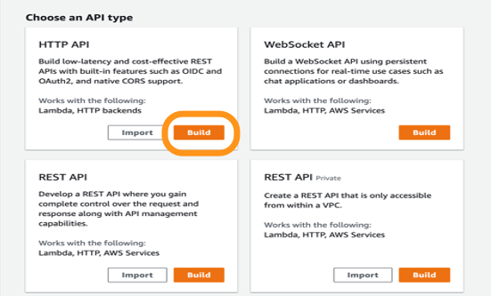 Figure 11: Choose Build option for HTTP API