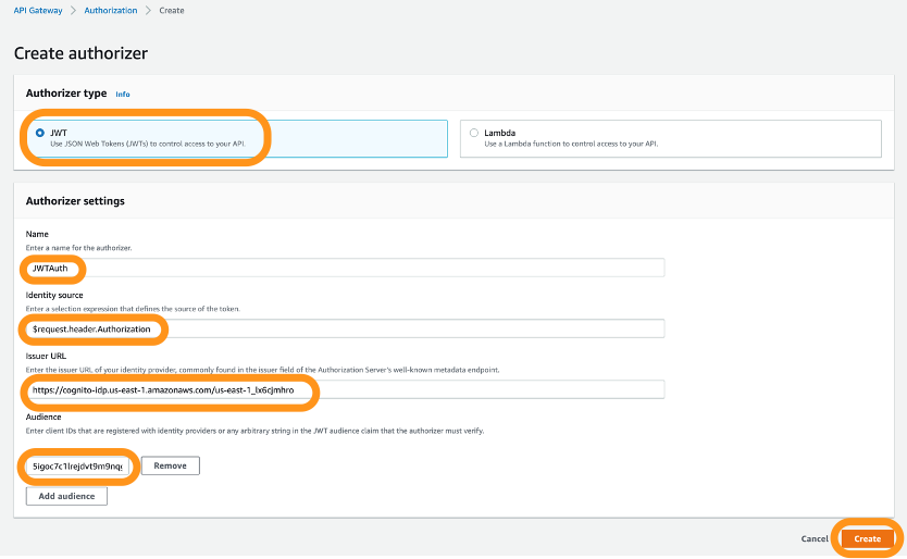 Figure 22: Create and attach an authorizer to HTTP API first route