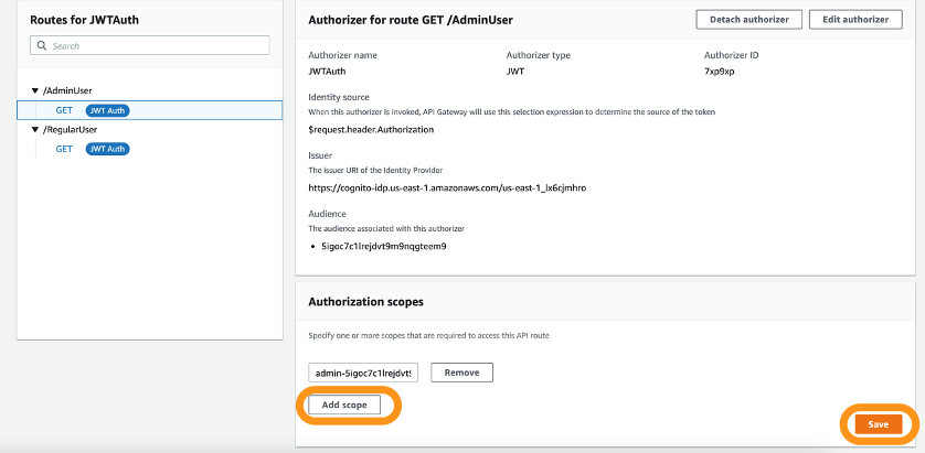 Figure 23: Add authorization scopes to first route of HTTP API