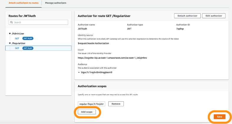 Figure 25: Add authorization scopes to second route of HTTP API